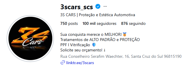 Perfil do Instagram da 3S Cars, 100 mil seguidores
