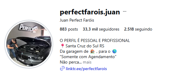 Perfil do Instagram da Perfect Faróis, 33,3 mil seguidores